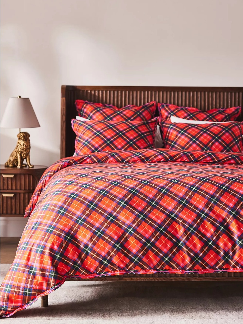 Anthropologie Hannah Cozy Red Plaid Cotton Queen Duvet Cover and 2 King Shams